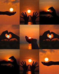 hands making a heart shape with the sun setting in the sky behind them and reflecting on the water