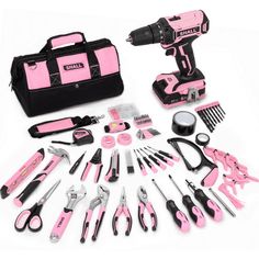 a pink tool set with tools in it