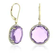 Striking round amethysts are given an even bolder look inside delicate bezel style diamond halos. Approximately 18mm in diameter. Pair with matching necklace 11916731, while available. Formal Round Diamond Earrings With Gemstones, Luxury Purple Round Earrings, Formal Purple Round Earrings, Elegant Amethyst Round Earrings, Elegant Round Amethyst Earrings, Matching Necklaces, Jewelry Cleaner, Cleaning Jewelry, Halo Diamond