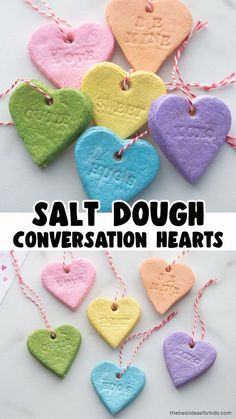 heart shaped salt dough conversation hearts with the words salt dough conversation hearts on them