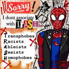 a spider man is standing in front of a poster that says sorry i don't associate with flash