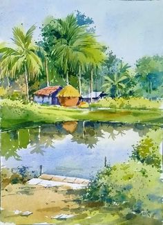 a watercolor painting of a house on the shore with palm trees in the background