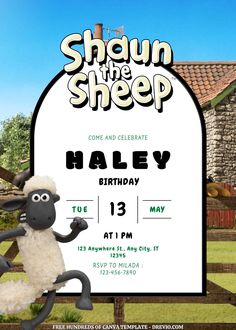 the sheep is standing in front of a sign that says, shaun the sheep