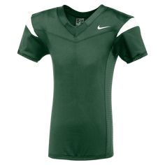 the nike youth football jersey is green and has white stripes on the chest, along with a v - neckline