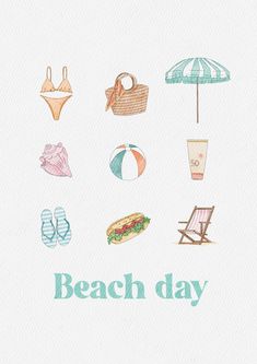 the words beach day written in watercolor on a white background with various types of items