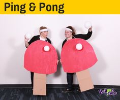 two people dressed up in costumes made to look like mushrooms and mushroom heads, with text overlay that reads ping & pong