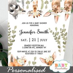 a baby shower is shown with deers and flowers on the front, and an antelope in the back