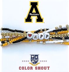 Show off your college spirit in this Set of 6 - Colorful Glass Czech Beads and gold ball beads scattered throughout these fun stretchy bracelets. Together with a gold beaded bracelet with enamel tiles showing your college 'phrase'!6.75 inches - 17cm on stretch cord. One size fits most. School Spirit Beaded Bracelet With Letter Beads As Gift, School Spirit Beaded Bracelets With Letter Beads For Gifts, School Spirit Jewelry With Letter Beads For Gifts, Personalized Multicolor Team Spirit Beaded Bracelets, Adjustable Team-colored Beaded Bracelets, Adjustable Gold Beaded Bracelets For Game Day, Multicolor Team Spirit Beaded Bracelets For Game Day, Team-colored Sports Bracelets With Letter Beads, Appalachian State University