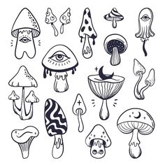 different types of mushrooms and other things in black and white ink on a white background