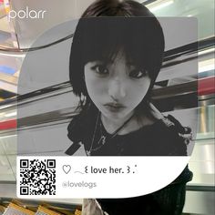 a girl with black hair is looking at the camera and has qr code on it