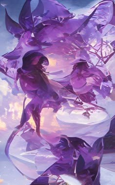 an artistic painting of purple flowers floating in the air