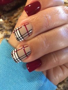 Tan Plaid Nail Designs, Fall Nail Designs Flannel, Winter And Fall Nails, Burberry Inspired Nails, Nail Designs Burberry, Christmas Plaid Nails Acrylic, Burberry Plaid Nails, Autumn Nails Plaid, Autumn Plaid Nails