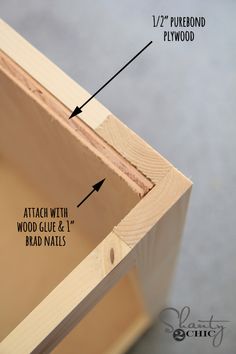 the measurements for wood glue and brad nails on a piece of plywood that has been cut in half