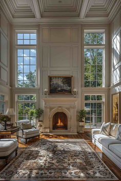 40 Fireplaces With Windows on Each Side for a Bright and Elegant Living Room Living Room With Windows And Fireplace, Fireplace With Flanking Windows, Two Couches In Front Of Fireplace, Floor Windows Living Room, Huge Fireplace High Ceilings, Two Story Living Room Design Inspiration, Big Fireplace Living Room, Fireplace Wall With Windows, Windows On Either Side Of Fireplace