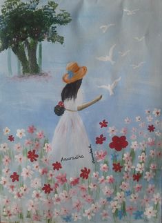 a painting of a woman in a white dress and straw hat walking through flowers with a bird flying above her