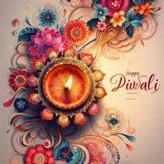 a colorful diwali with a lit candle surrounded by flowers