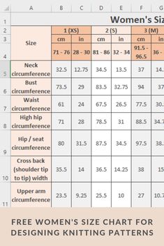 a table with numbers and symbols for different types of knitting patterns, including the size chart