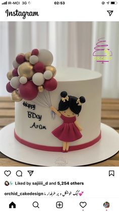 a birthday cake decorated with balloons and a girl holding a balloon