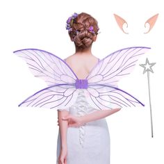 a woman in a white dress with purple wings and a star on her head is standing next to a wand