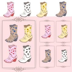 the different types of cowboy boots are shown in this drawing style illustration, which includes hearts and stars on them