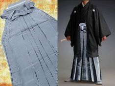 "This is a traditional men's hakama samurai skirt in dark blue-black and pale grey pinstripes!  The top part has slits on the sides and very long ties to make it adjustable and tied with a built in belt in the traditional way, so one size fits many. This is what Samurai and noblemen traditionally wore.  Thre two types of hakama are divided Umanori, and 'horse-riding hakama' and undivided Andon hakama 'lantern hakama'. This is the Andon skirt type. It is very wide and flexible at bottom for ease Japanese Samurai, Kendo, Kilt, Types Of Skirts, Japanese Fashion, Horse Riding, Grey Stripes, Black Grey, Vintage Men