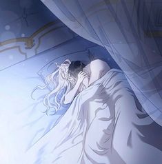 a woman is laying in bed with her head on the pillow and she has long white hair