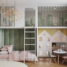 a bedroom with bunk beds and a loft bed next to a dining table in front of it