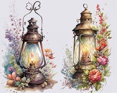 two old fashioned lanterns with flowers and leaves on them, one is lit by a candle