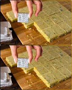 there are three pictures of food being cut into squares