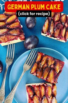 a blue plate topped with slices of plum cake next to a fork and two figs