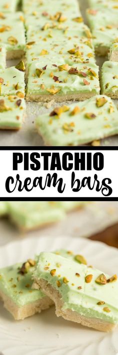 pistachio cream bars on a white plate