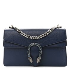 This is an authentic GUCCI Pebbled Calfskin Small Dionysus Shoulder Bag in Blue Agata. This stylish bag is crafted of textured calfskin leather in navy blue. This shoulder bag features an aged silver chain shoulder strap and a crystal embellished spur closure with feline heads at the end. This opens to a natural fabric interior with a central zipper pocket. Blue Back, Montana Sapphire, Handbag Outlet, Stylish Bag, Gucci Dionysus, Blue Bags, Luxury Items, Luxury Handbags, Luxury Bags