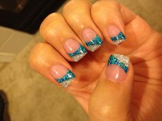 Colored Acrylic Tips, Teal Nail Tip Designs, Fancy French Tip Nails, Blue And Silver Nail Designs French Tips, Dark Blue Nails With Glitter Silver French Tips, Blue Sparkly Tips Nails, Cool French Tip Nail Designs, Silver Nails Blue Accent, Vacation Nails Summer