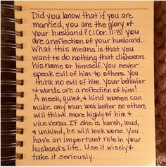 a note written on top of a spiral notebook with the words, did you know that if you are married, you are the glory of your husband?