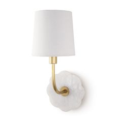 a wall light with a white shade on it's side and a gold arm