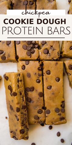 chocolate chipped cookie dough protein bars stacked on top of each other with text overlay