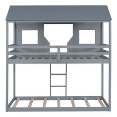 a metal bunk bed with two ladders