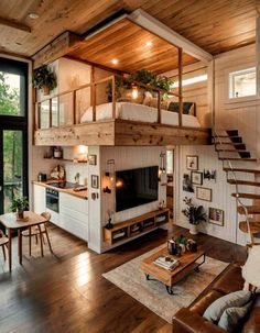 a living room with a loft bed and stairs