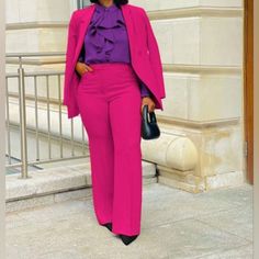 Reposhing This Item I Purchased From @Poshmaddiee. Loved It, But It’s Too Big For Me Since I Have Lost Weight. Miss Lava Pink 2-Piece Suit With Purple Ruffle Blouse Usa Size 16 (See Measurements) Turkey Size 48 Accessories Are Not Included Pink Pant, Ruffled Shirt, Pant Suits, Turkey Size, Ruffle Shirt, Pink Pants, Lost Weight, Work Outfits, Work Outfit