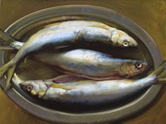 an oil painting of three fish in a bowl