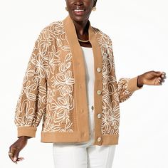 WynneLayers Embellished Cardigan Floral embroidery and long, blouson sleeves give this modern, lined cardigan a fun feeling that's still so cozy. Layer it over dresses, knit tops, camisoles, tees, turtlenecks and more! Embellished Cardigan, Knit Tops, Draped Fabric, Black Cardigan, Knitting Designs, Easy Wear, Floral Embroidery, Knit Top, Fashion Clothes Women