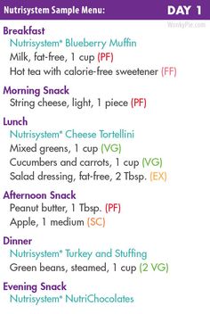 the menu for nutrityst sample menu is shown in purple, green and blue