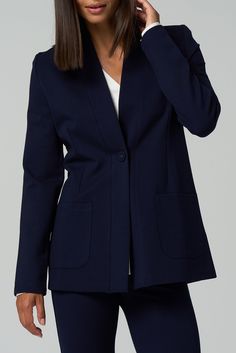 Crafted in luxe ponte with plenty of stretch, this sleek blazer feels like a second skin. Pair it with any of our coordinating pants for a thoroughly modern suit. ✓ Wrinkle Free ✓ Four-Way Stretch ✓ Office Ready ✓ All-Day Comfort ✓ Day to Night ✓ Core Collection DETAILS Open front Single fabric-covered button Patch pockets FIT Regular fit True to size Model is 5'8" and wears size S MEASUREMENTS Center back length: 26.5" (size S) FABRIC + CARE 67% rayon, 30% nylon, 3% Spandex Dry clean only. Night Core, Modern Suits, Ponte Pants, Instagram Outfits, Fabric Covered Button, La Fashion, Perfect Woman, Black Blazers, Denim Pant