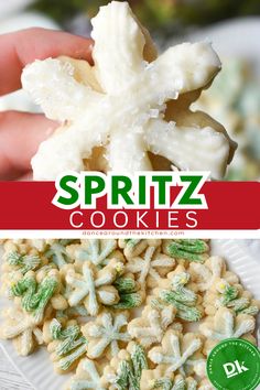 spritz cookies on a plate with the title overlaying it in green and white