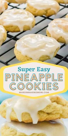 a close up of some cookies with icing on top and the words super easy pineapple cookies