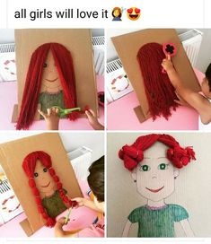 the girl is making a paper doll with red hair and green eyes, holding a pink flower in her hand