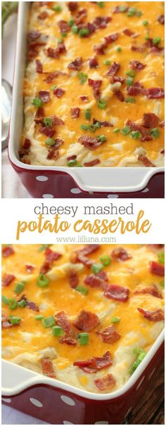 this cheesy mashed potato casserole is loaded with bacon and green onions