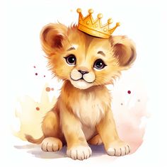 a little lion cub with a golden crown on its head