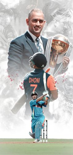 a man in a suit and tie holding a trophy next to a cricket player