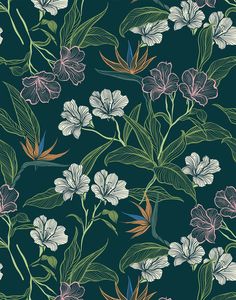 an image of a flower pattern on a dark background with green leaves and flowers in pastel colors